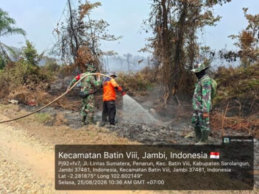 Personel Koramil 420-04/Sarolangun Bersama Tim Gabungan Terus Berjibaku Padamkan Karhutla di Sungai Abang