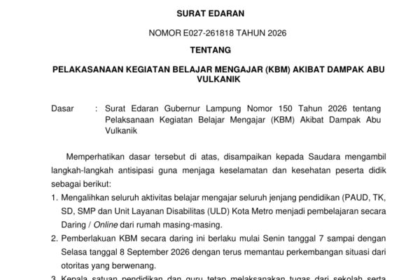 Pemerintah Kota Metro Resmi Terbitkan Surat Edaran Pelaksanaan Kegiatan Belajar Mengajar